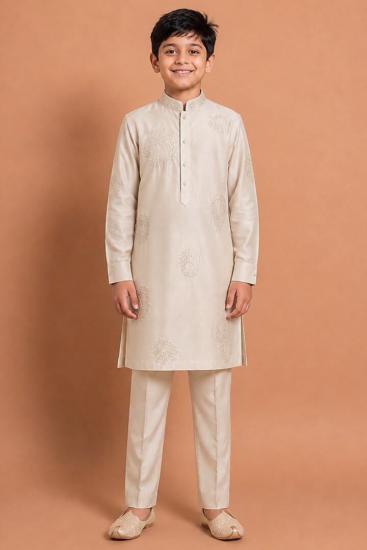 Beige Katan Silk Kurta Set for Boys by Abkasa - Kids at Pernia's Pop Up Shop