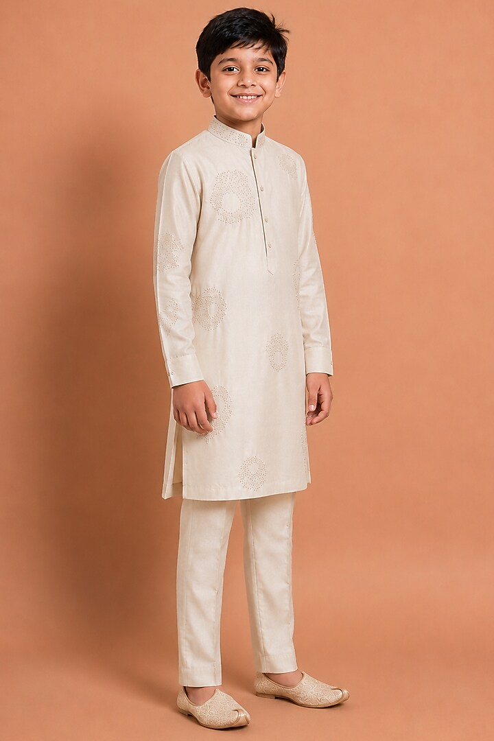 Beige Katan Silk Kurta Set for Boys by Abkasa - Kids at Pernia's Pop Up Shop
