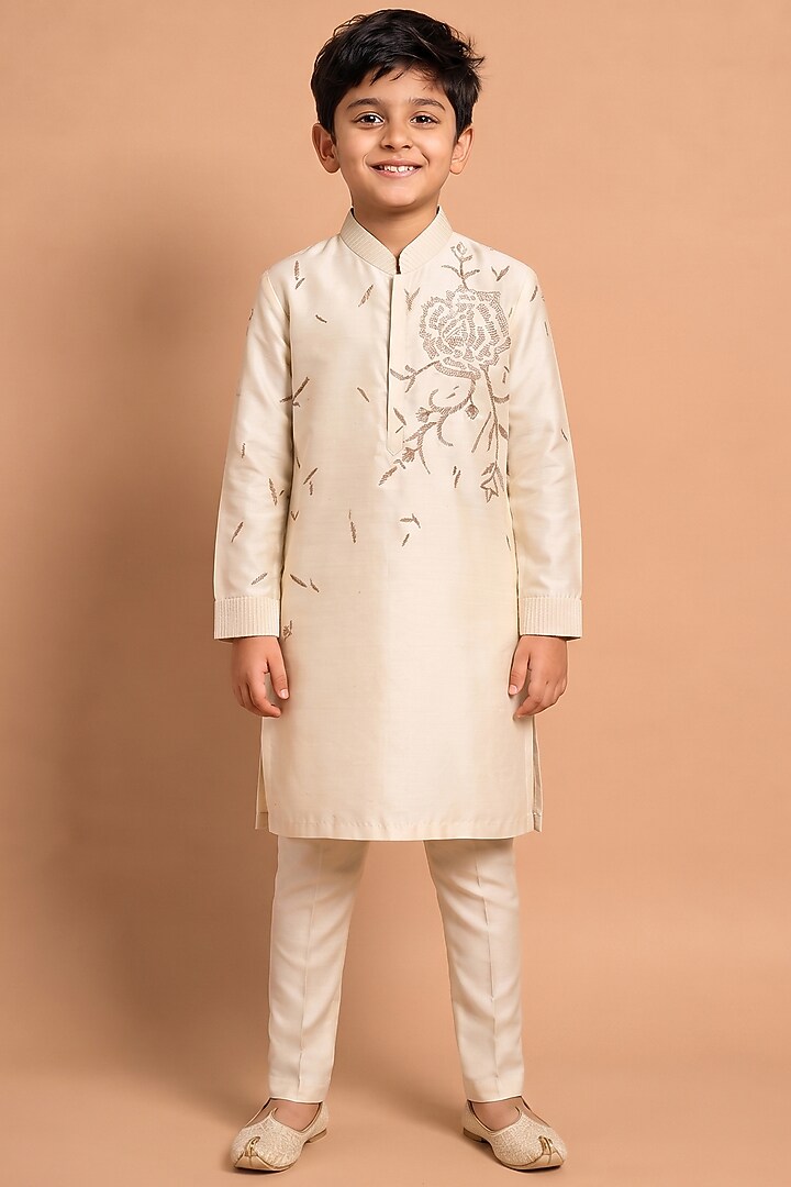 Beige Katan Silk Kurta Set for Boys by Abkasa - Kids at Pernia's Pop Up Shop