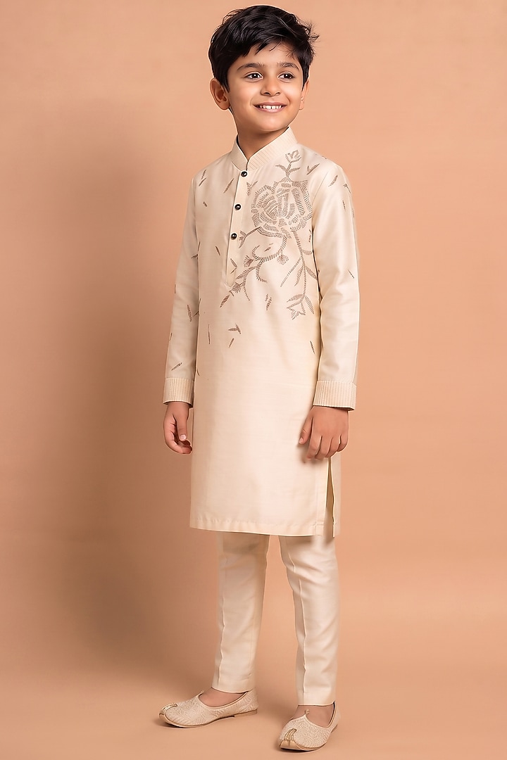 Beige Katan Silk Kurta Set for Boys by Abkasa - Kids at Pernia's Pop Up Shop