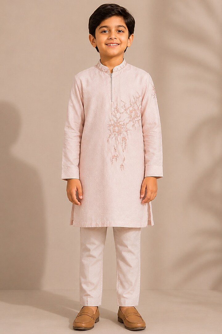 Peach Habutai Silk Kurta Set for Boys by Abkasa - Kids at Pernia's Pop Up Shop