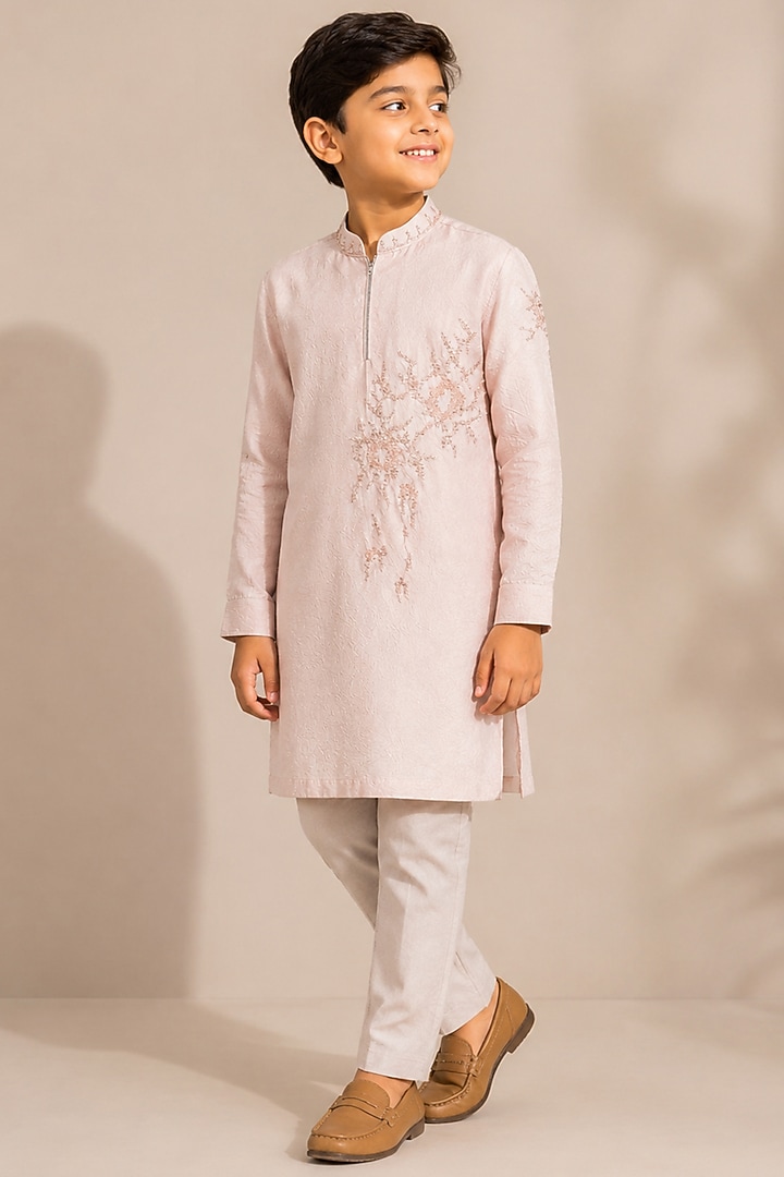 Peach Habutai Silk Kurta Set for Boys by Abkasa - Kids at Pernia's Pop Up Shop