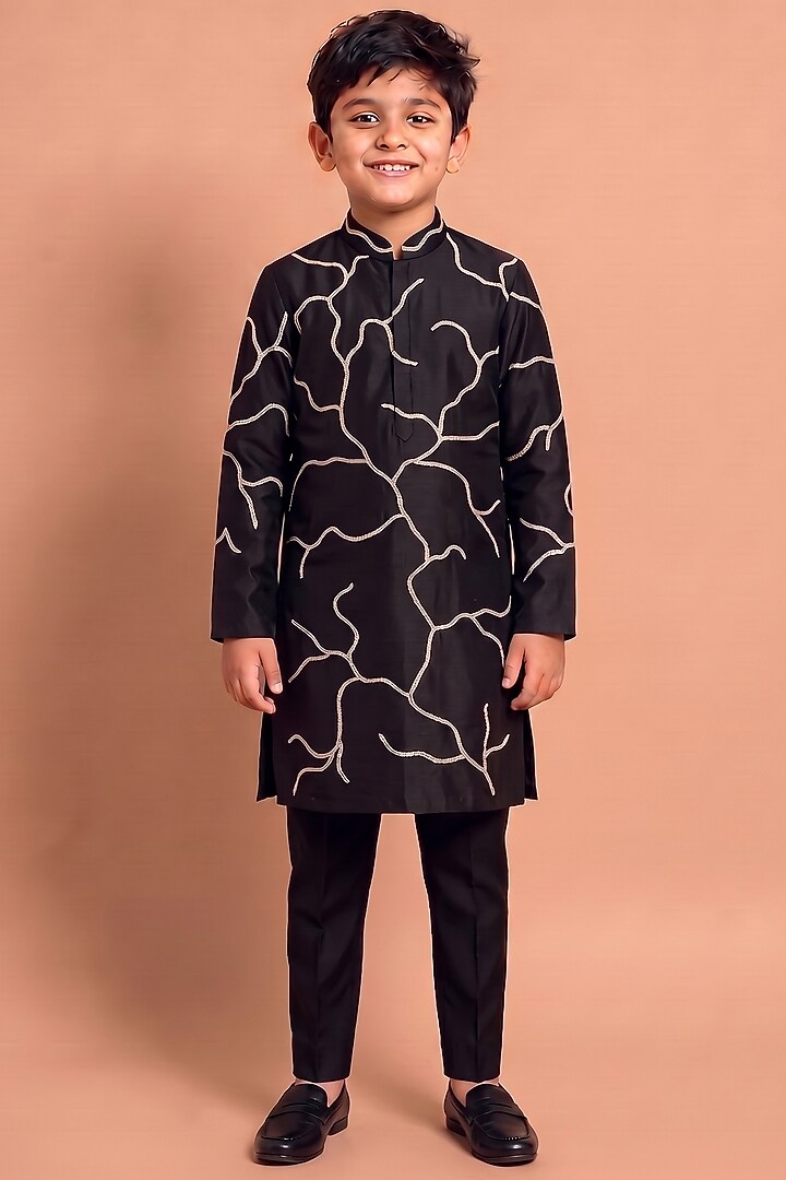 Black Katan Silk Kurta Set for Boys by Abkasa - Kids at Pernia's Pop Up Shop