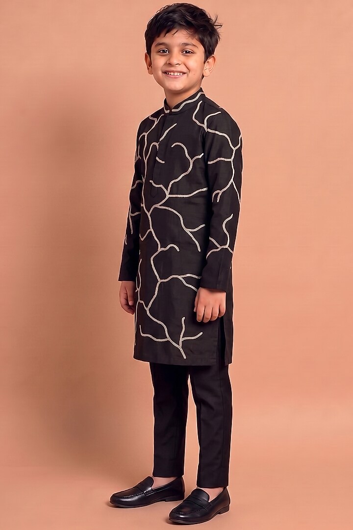 Black Katan Silk Kurta Set for Boys by Abkasa - Kids at Pernia's Pop Up Shop