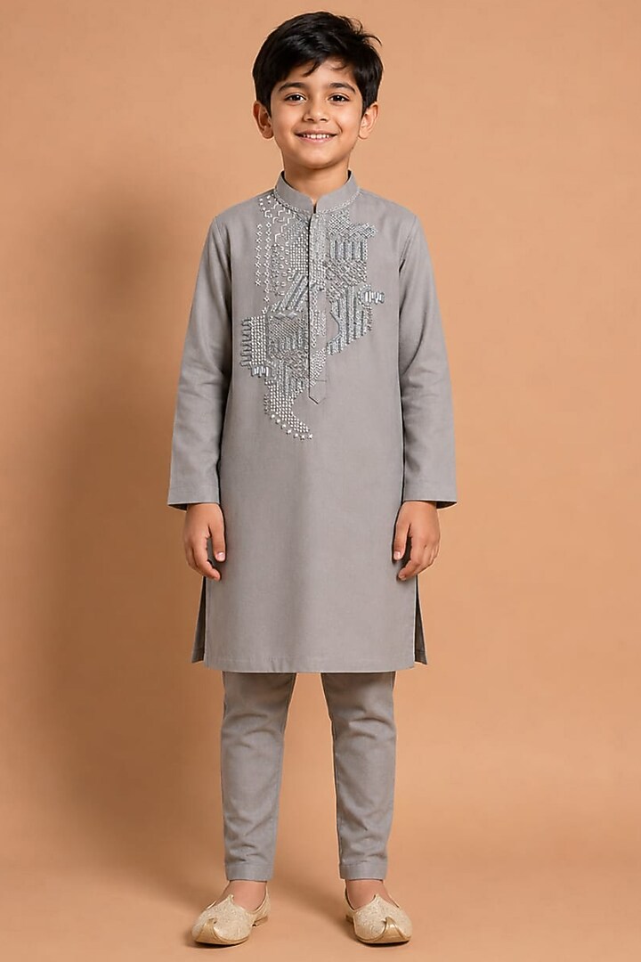 Mouse Grey Modal Silk Kurta Set for Boys by Abkasa - Kids at Pernia's Pop Up Shop