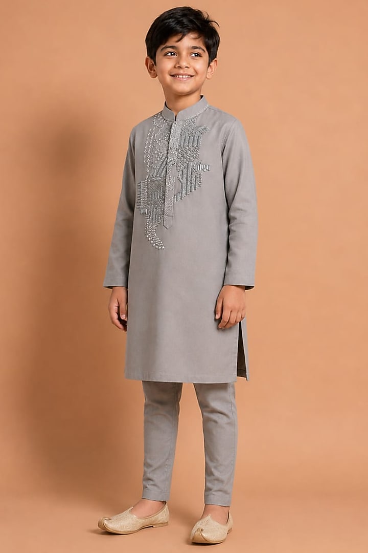 Mouse Grey Modal Silk Kurta Set for Boys by Abkasa - Kids at Pernia's Pop Up Shop