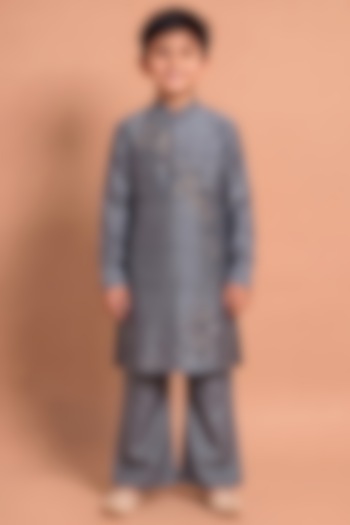 Grey Raw Silk Kurta Set for Boys by Abkasa - Kids at Pernia's Pop Up Shop