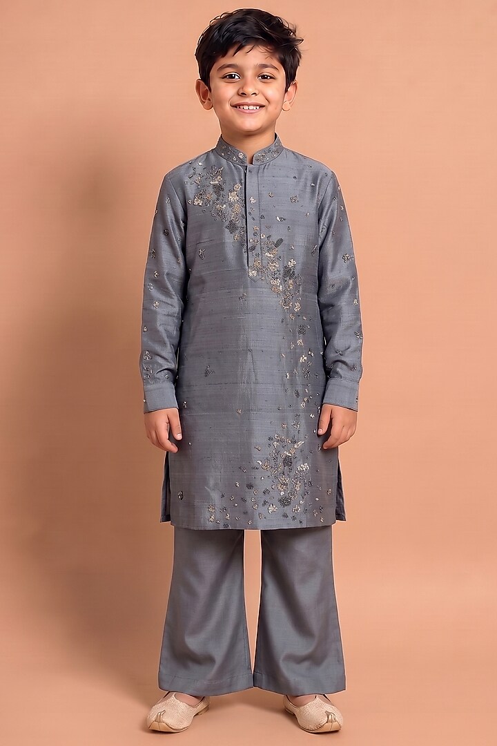 Grey Raw Silk Kurta Set for Boys by Abkasa - Kids at Pernia's Pop Up Shop