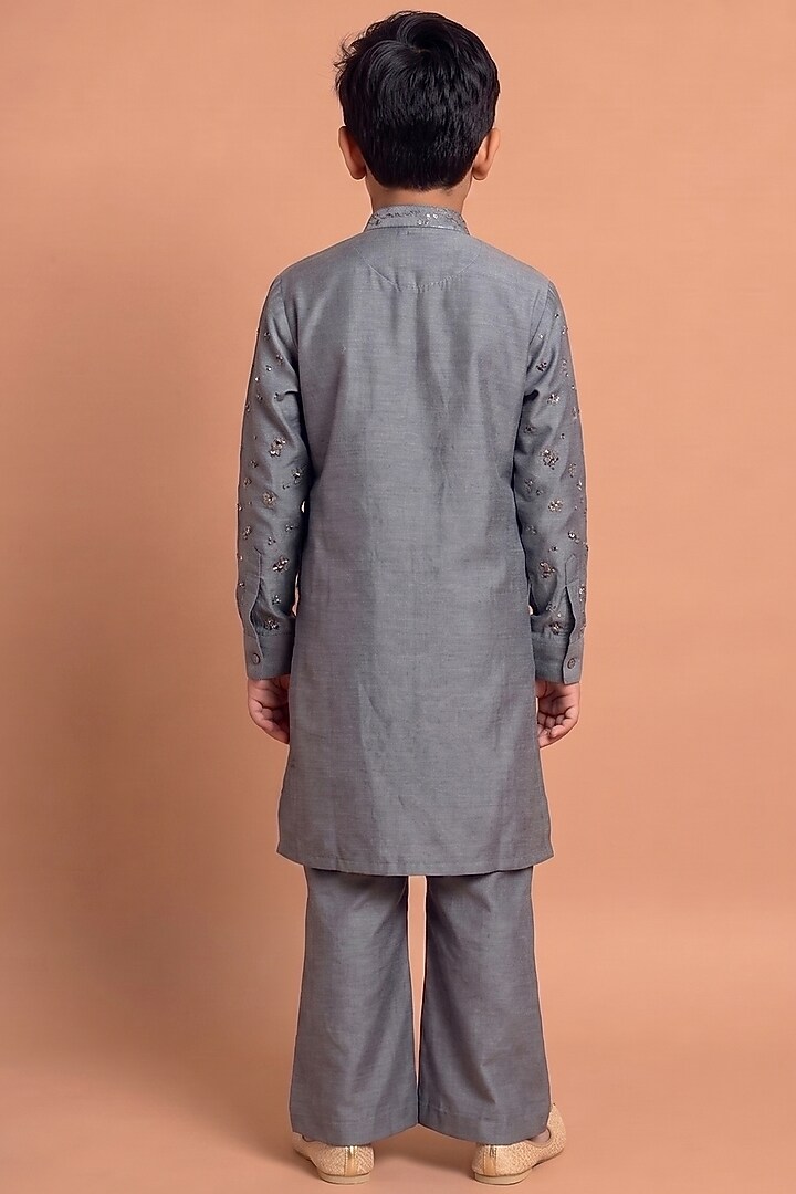 Grey Raw Silk Kurta Set for Boys by Abkasa - Kids at Pernia's Pop Up Shop