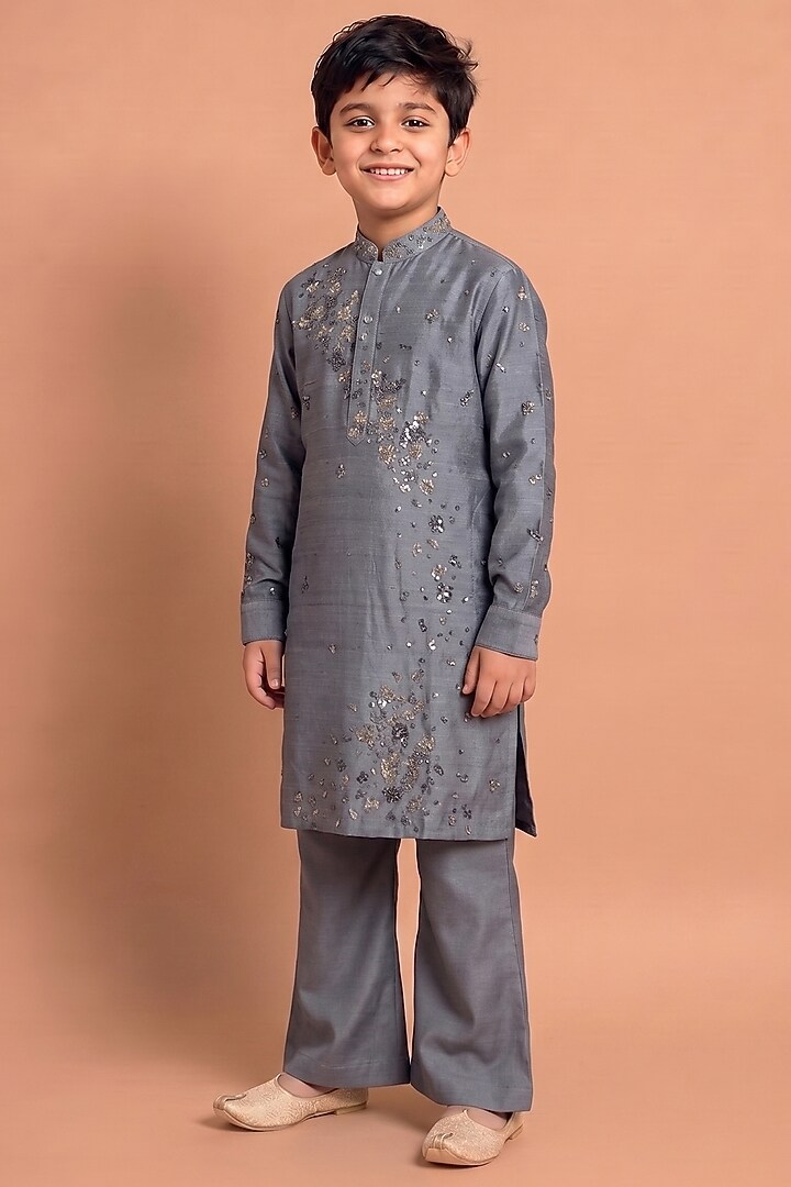Grey Raw Silk Kurta Set for Boys by Abkasa - Kids at Pernia's Pop Up Shop