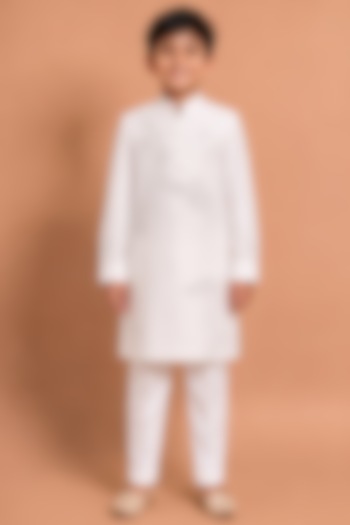White Katan Silk Kurta Set for Boys by Abkasa - Kids at Pernia's Pop Up Shop