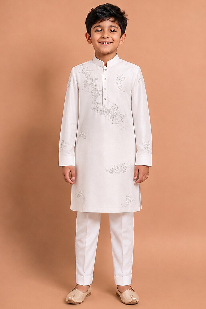 White Katan Silk Kurta Set for Boys by Abkasa - Kids at Pernia's Pop Up Shop