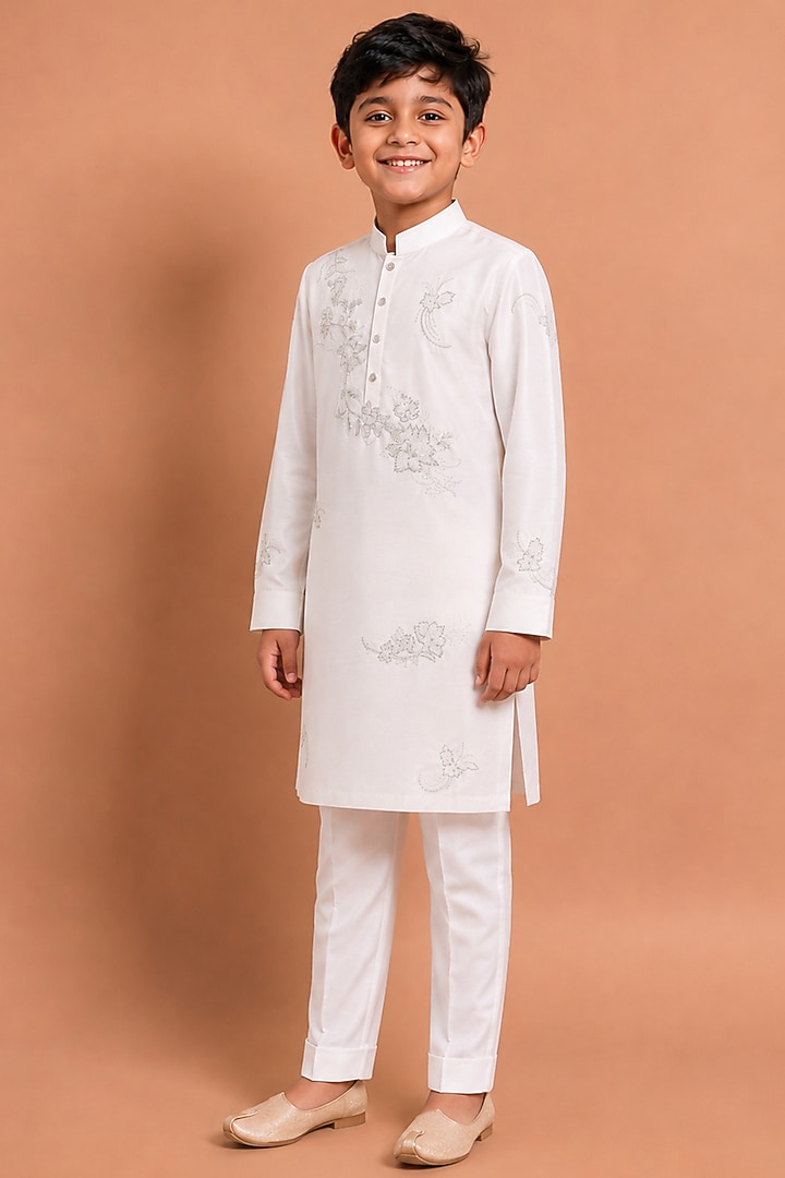 White Katan Silk Kurta Set for Boys by Abkasa - Kids at Pernia's Pop Up Shop