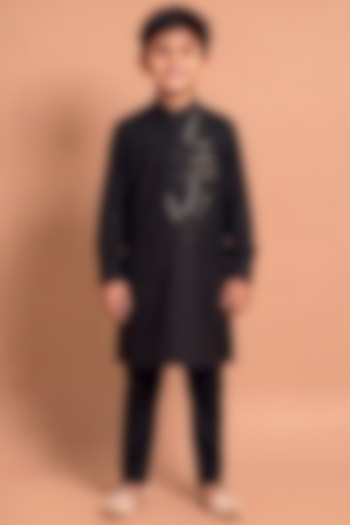 Black Modal Silk Kurta Set for Boys by Abkasa - Kids at Pernia's Pop Up Shop