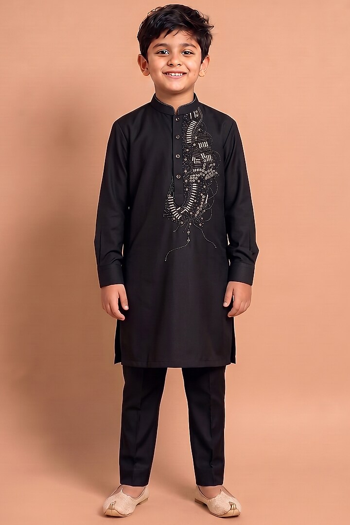 Black Modal Silk Kurta Set for Boys by Abkasa - Kids at Pernia's Pop Up Shop