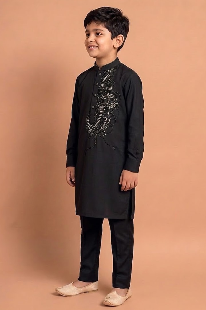 Black Modal Silk Kurta Set for Boys by Abkasa - Kids at Pernia's Pop Up Shop
