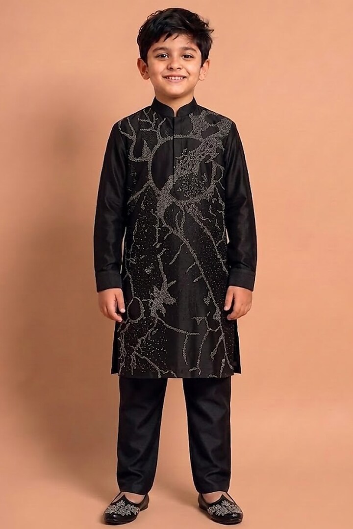 Black Katan Silk Kurta Set for Boys by Abkasa - Kids at Pernia's Pop Up Shop