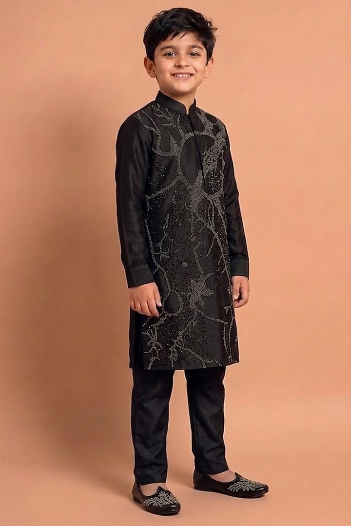 Black Katan Silk Kurta Set for Boys by Abkasa - Kids at Pernia's Pop Up Shop