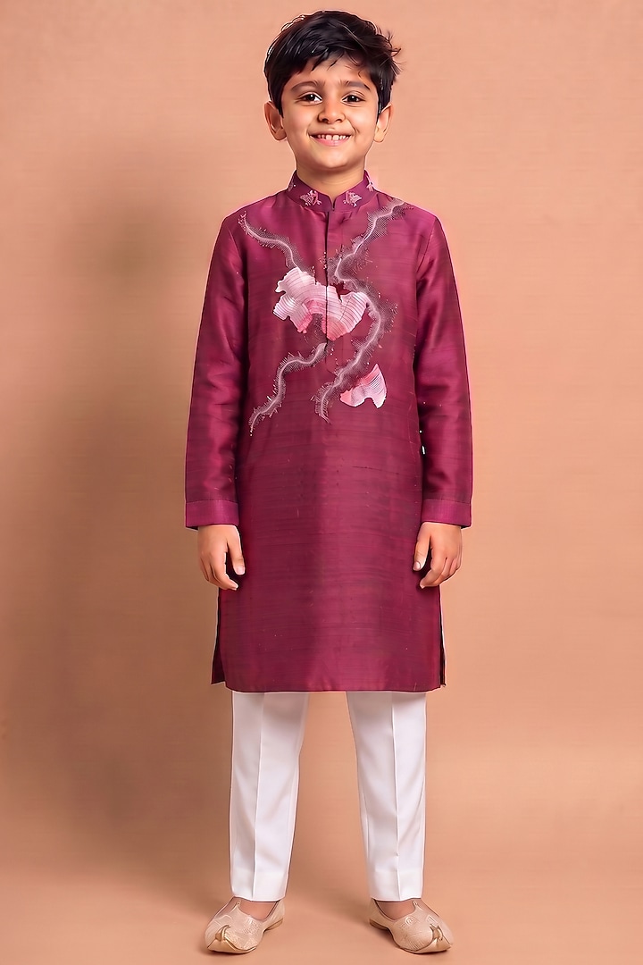 Wine Raw Silk Kurta Set For Boys by Abkasa - Kids at Pernia's Pop Up Shop