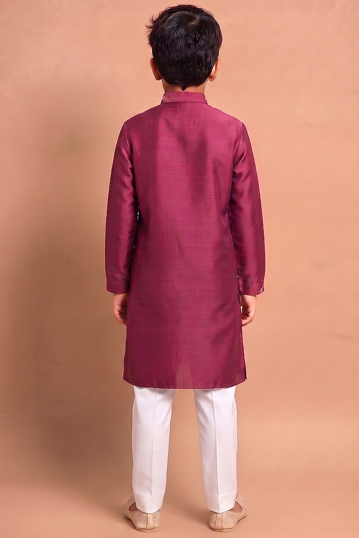 Wine Raw Silk Kurta Set For Boys by Abkasa - Kids at Pernia's Pop Up Shop