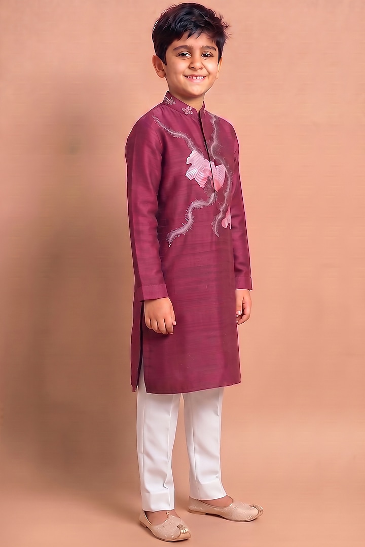 Wine Raw Silk Kurta Set For Boys by Abkasa - Kids at Pernia's Pop Up Shop