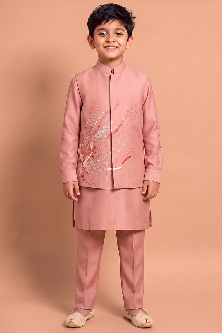 Orange Katan Silk Bundi Jacket Set For Boys by Abkasa - Kids at Pernia's Pop Up Shop