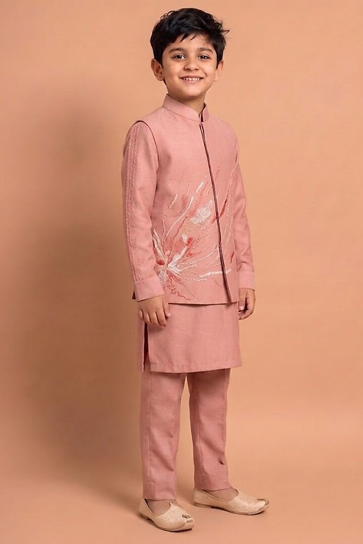 Orange Katan Silk Bundi Jacket Set For Boys by Abkasa - Kids at Pernia's Pop Up Shop