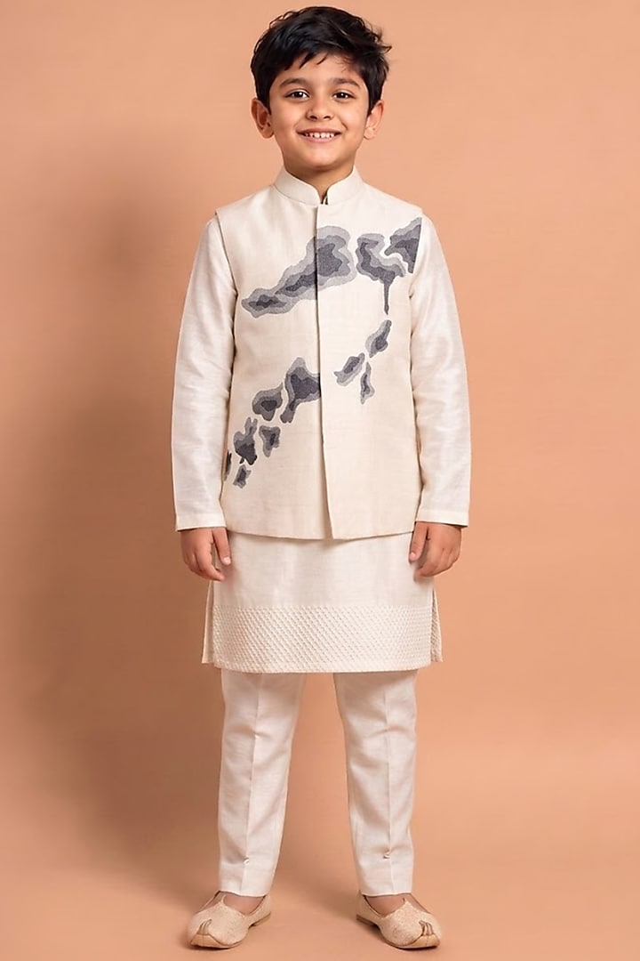 White Katan Silk Bundi Jacket Set For Boys by Abkasa - Kids at Pernia's Pop Up Shop