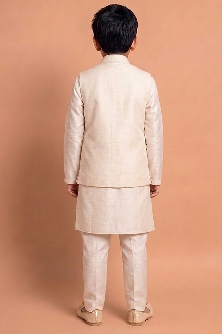 White Katan Silk Bundi Jacket Set For Boys by Abkasa - Kids at Pernia's Pop Up Shop
