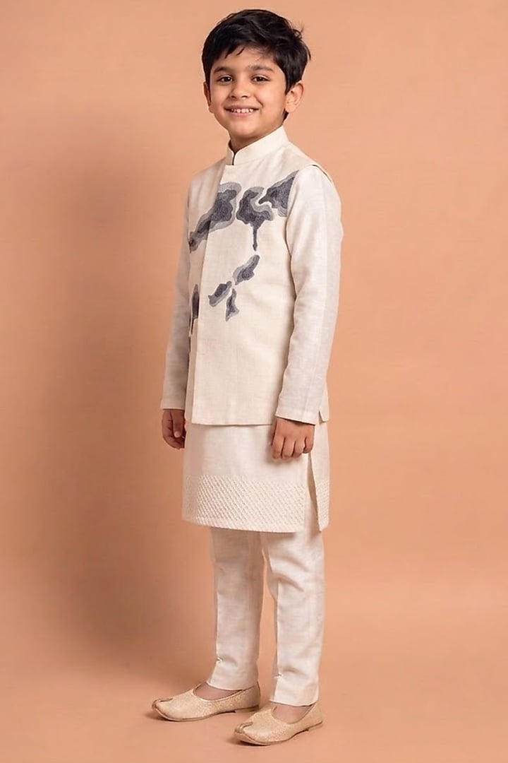 White Katan Silk Bundi Jacket Set For Boys by Abkasa - Kids at Pernia's Pop Up Shop