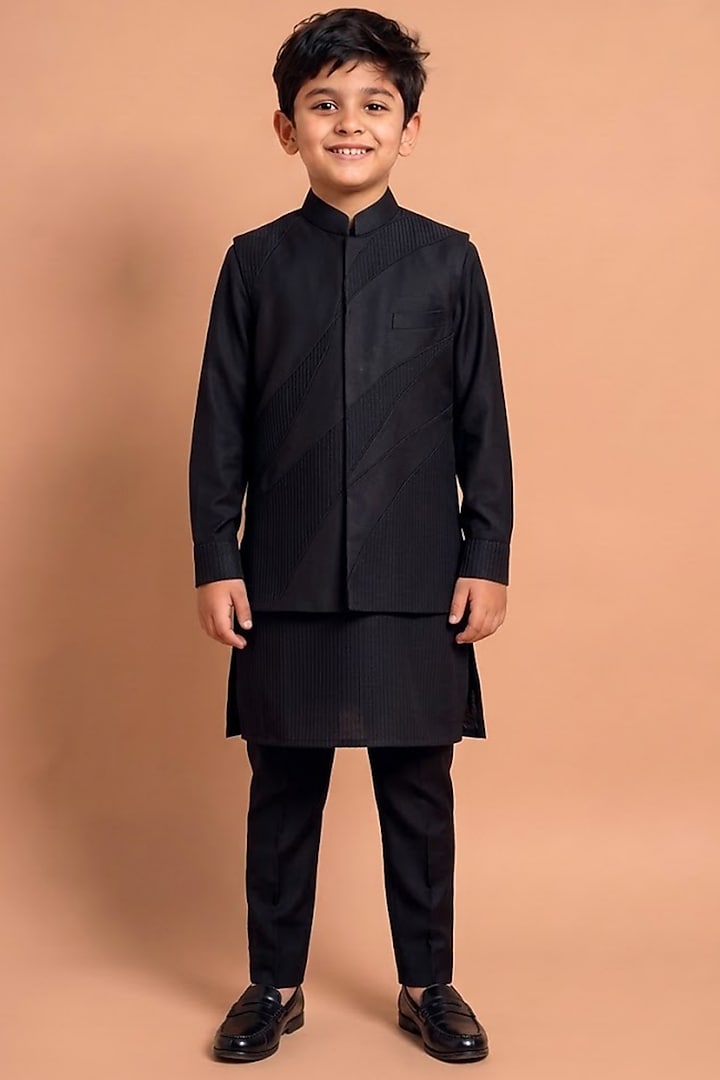 Navy Blue Katan Silk Bundi Jacket Set For Boys by Abkasa - Kids at Pernia's Pop Up Shop