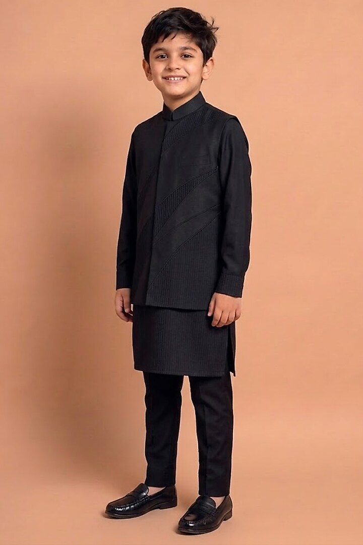 Navy Blue Katan Silk Bundi Jacket Set For Boys by Abkasa - Kids at Pernia's Pop Up Shop