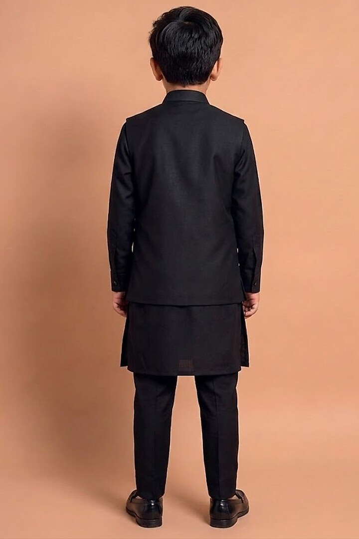 Navy Blue Katan Silk Bundi Jacket Set For Boys by Abkasa - Kids at Pernia's Pop Up Shop