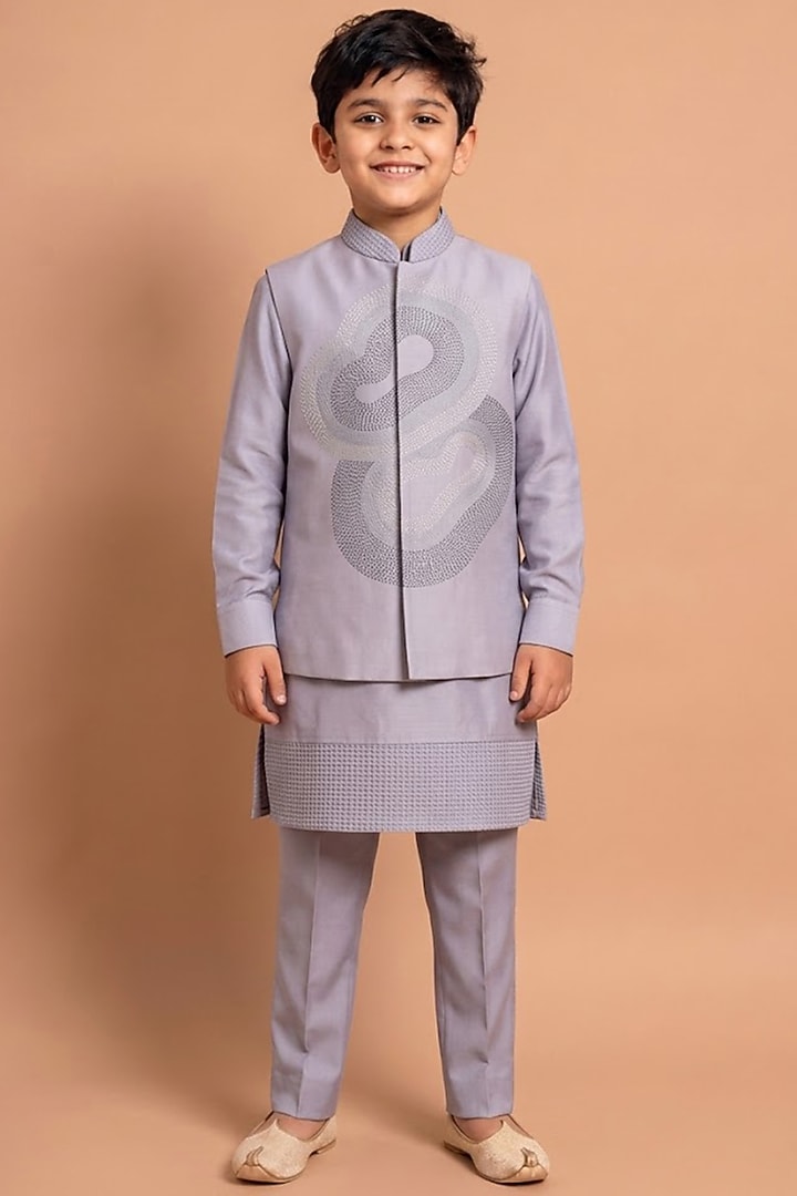 Blue Katan Silk Bundi Jacket Set For Boys by Abkasa - Kids at Pernia's Pop Up Shop