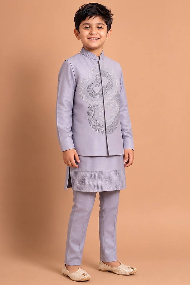 Blue Katan Silk Bundi Jacket Set For Boys by Abkasa - Kids at Pernia's Pop Up Shop