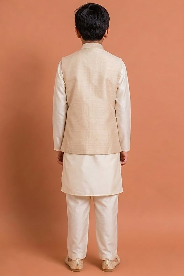 Beige Raw Silk Bundi Jacket Set For Boys by Abkasa - Kids at Pernia's Pop Up Shop