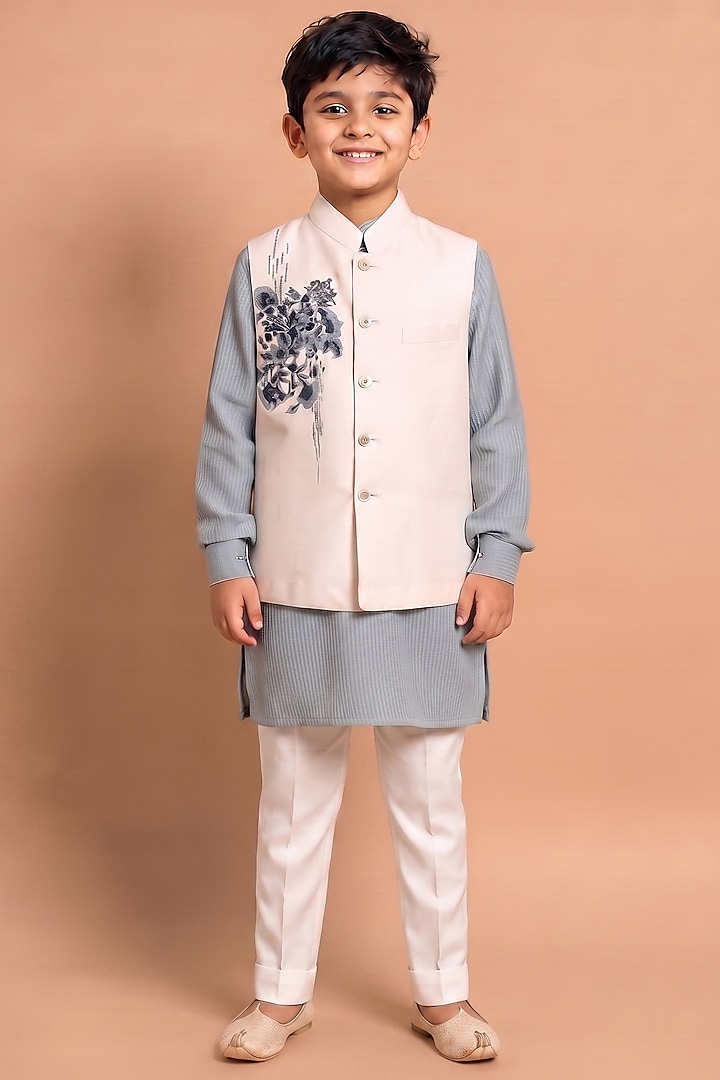 White Katan Silk Bundi Jacket Set For Boys by Abkasa - Kids at Pernia's Pop Up Shop