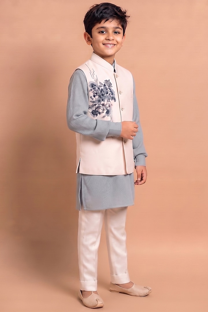 White Katan Silk Bundi Jacket Set For Boys by Abkasa - Kids at Pernia's Pop Up Shop