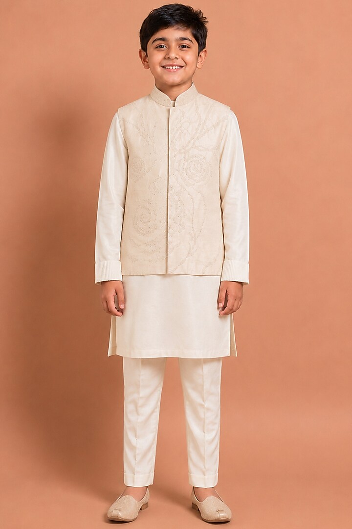 Beige Raw Silk Bundi Jacket Set For Boys by Abkasa - Kids at Pernia's Pop Up Shop