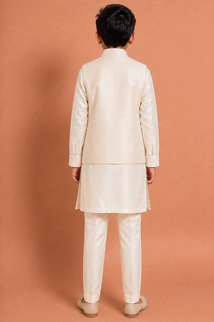 Beige Raw Silk Bundi Jacket Set For Boys by Abkasa - Kids at Pernia's Pop Up Shop