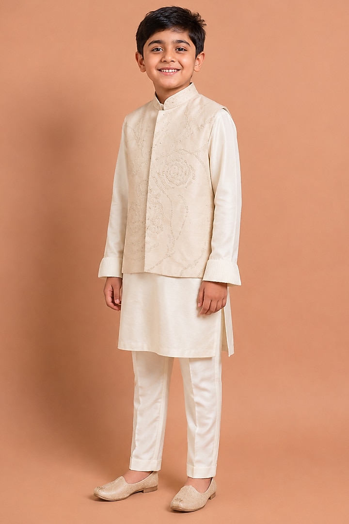 Beige Raw Silk Bundi Jacket Set For Boys by Abkasa - Kids at Pernia's Pop Up Shop