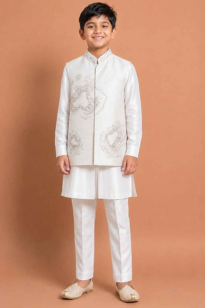 White Raw Silk Bundi Jacket Set For Boys by Abkasa - Kids at Pernia's Pop Up Shop
