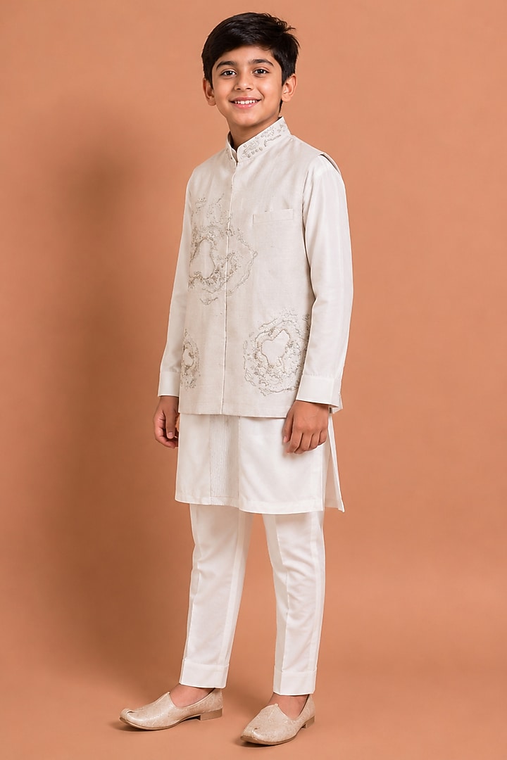White Raw Silk Bundi Jacket Set For Boys by Abkasa - Kids at Pernia's Pop Up Shop
