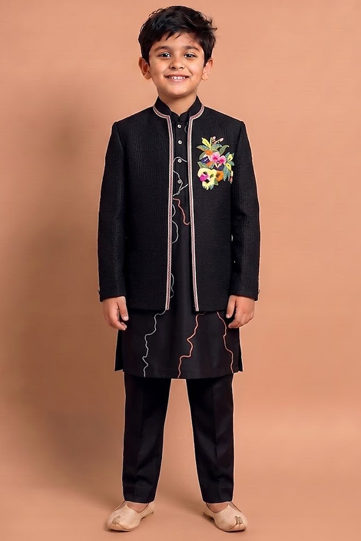 Black Raw Silk Indowestern Set For Boys by Abkasa - Kids at Pernia's Pop Up Shop
