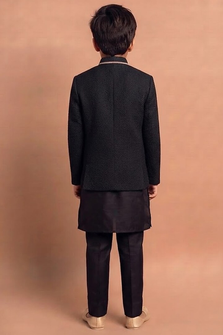 Black Raw Silk Indowestern Set For Boys by Abkasa - Kids at Pernia's Pop Up Shop