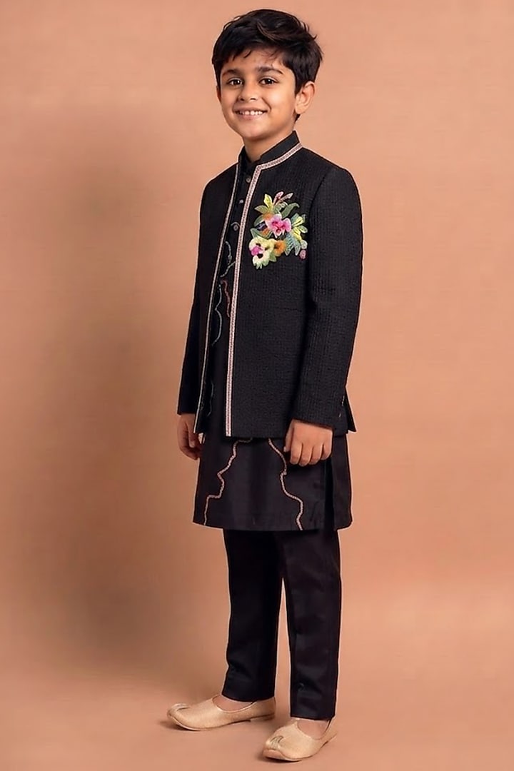 Black Raw Silk Indowestern Set For Boys by Abkasa - Kids at Pernia's Pop Up Shop