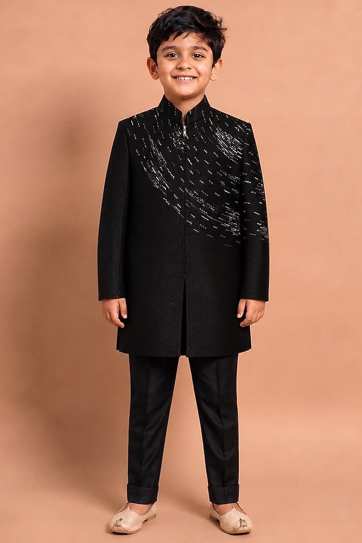 Black Raw Silk Indowestern Set For Boys by Abkasa - Kids at Pernia's Pop Up Shop
