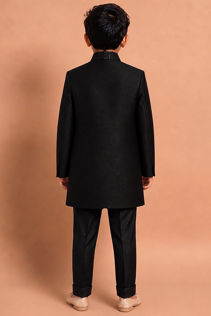 Black Raw Silk Indowestern Set For Boys by Abkasa - Kids at Pernia's Pop Up Shop