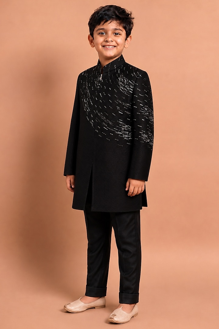 Black Raw Silk Indowestern Set For Boys by Abkasa - Kids at Pernia's Pop Up Shop