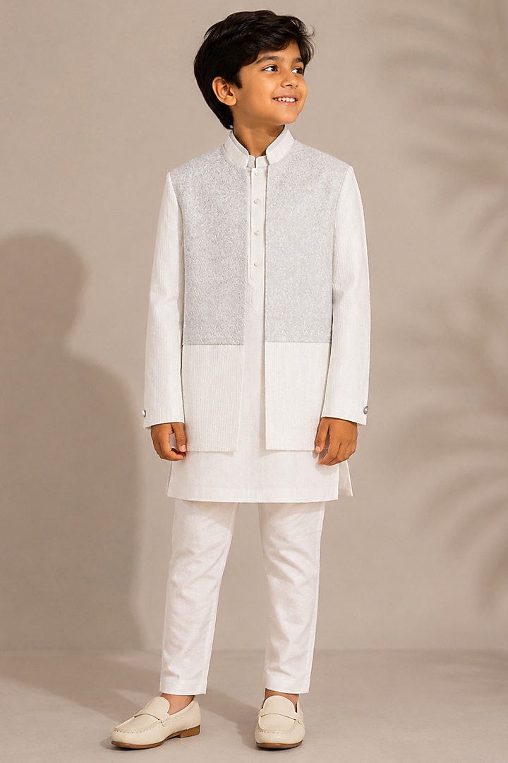 White Raw Silk Indowestern Set For Boys by Abkasa - Kids at Pernia's Pop Up Shop